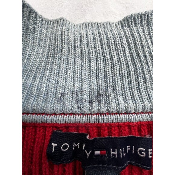 Tommy Hilfiger Men’s Red Blue Cable Knit Sweater Quarter Zip Size XL READ - Picture 5 of 10